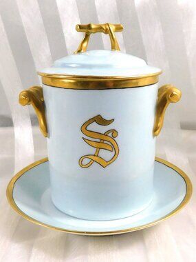 Pale Blue GDA Limoges Covered Condensed Milk Jar with Lid and Underplate # 26839